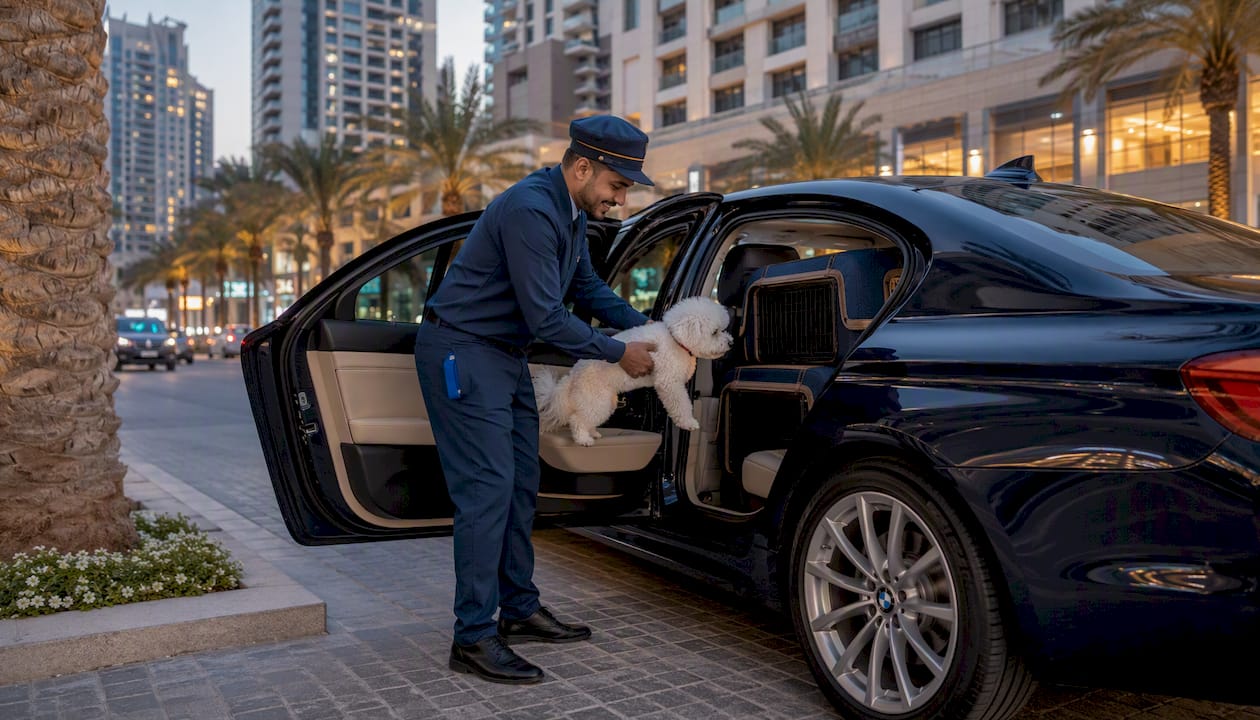 Pet taxi driver assisting dog into vehicle