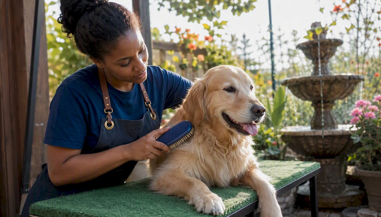 Boutique grooming salon with groomer and dog