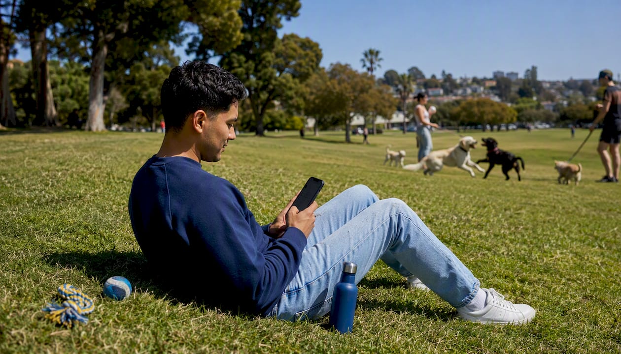 Pet owner using grooming booking app on phone