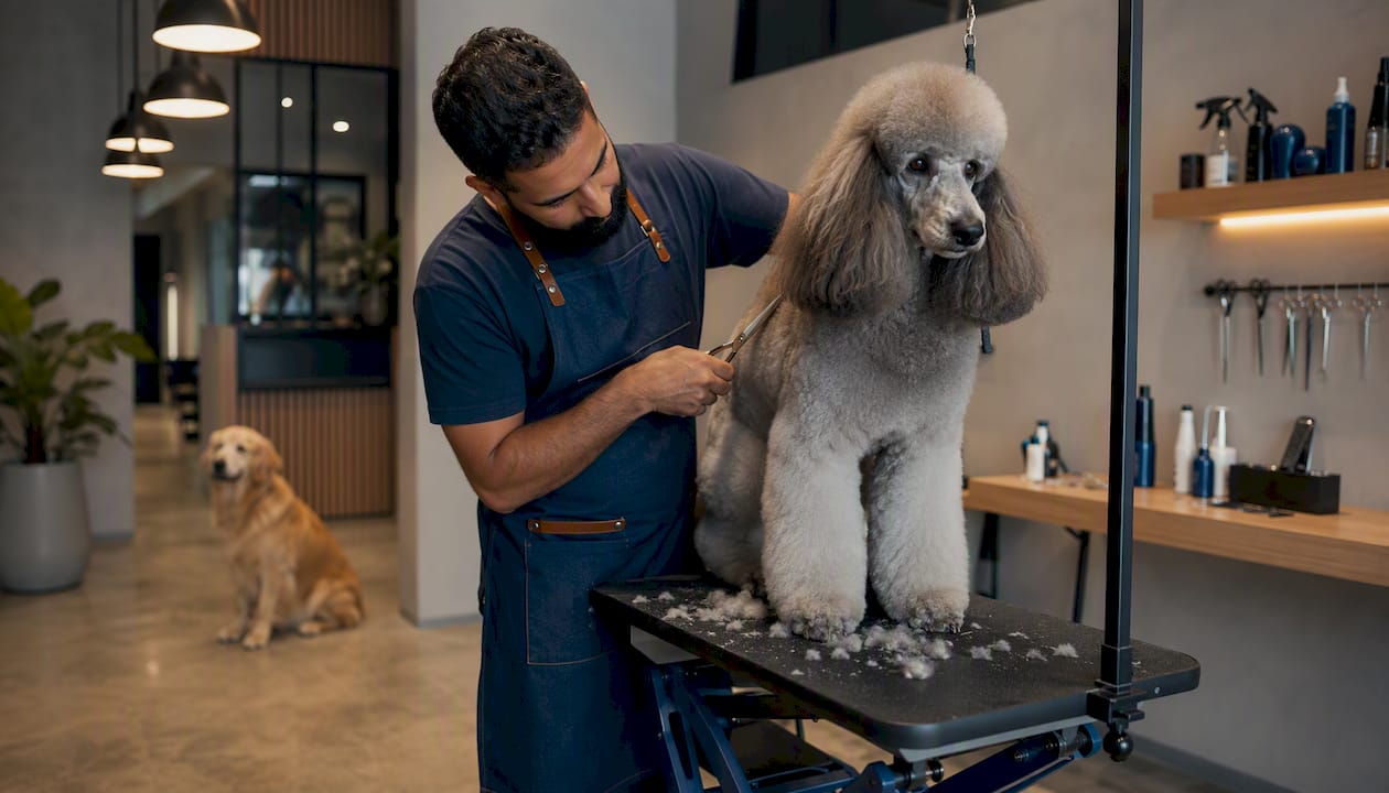 Groomer trimming poodle in pet salon interior