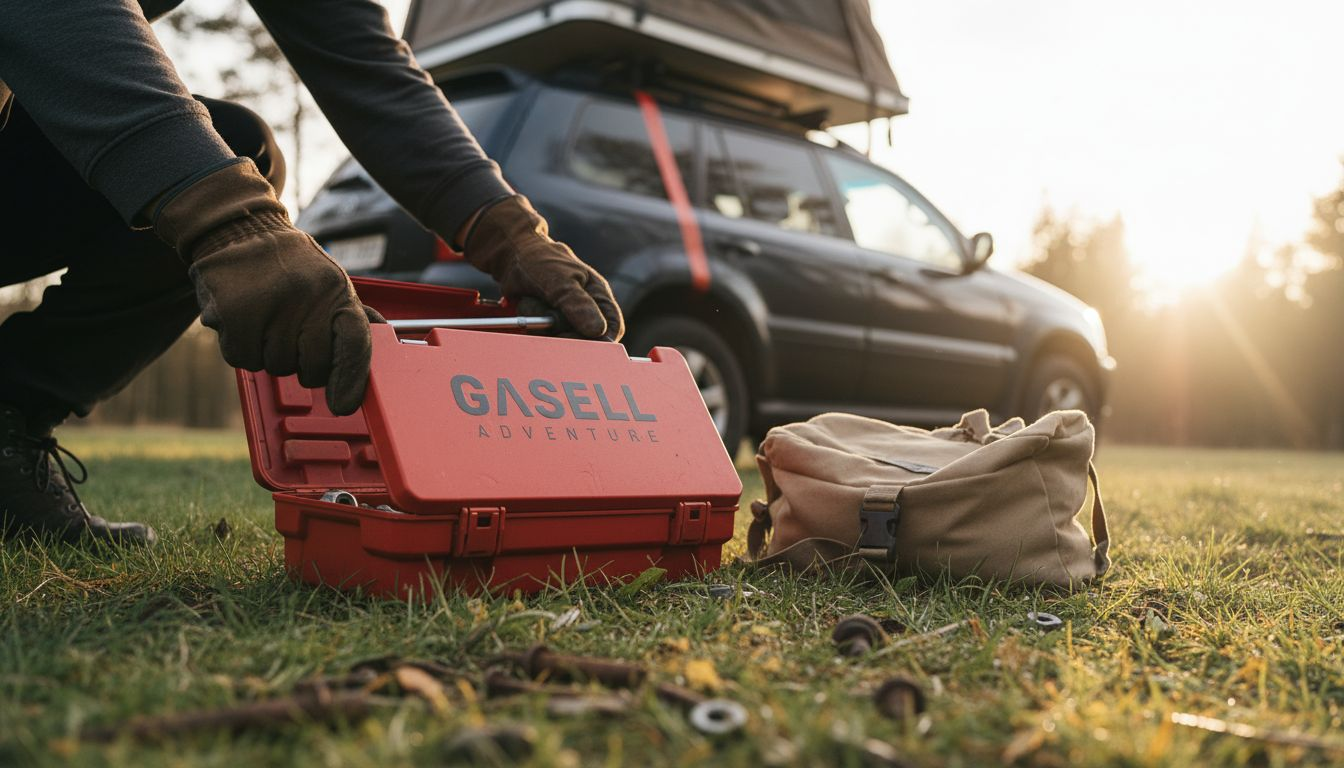 Detaljbild på de verktyg du behöver för att montera ett taktält