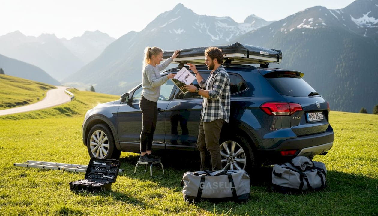 Två kompisar sätter upp ett taktält på bilen tillsammans.