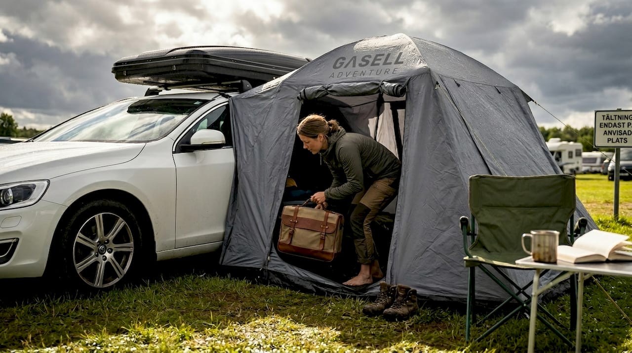 En person ställer in sin väska i annexet under taktältet.