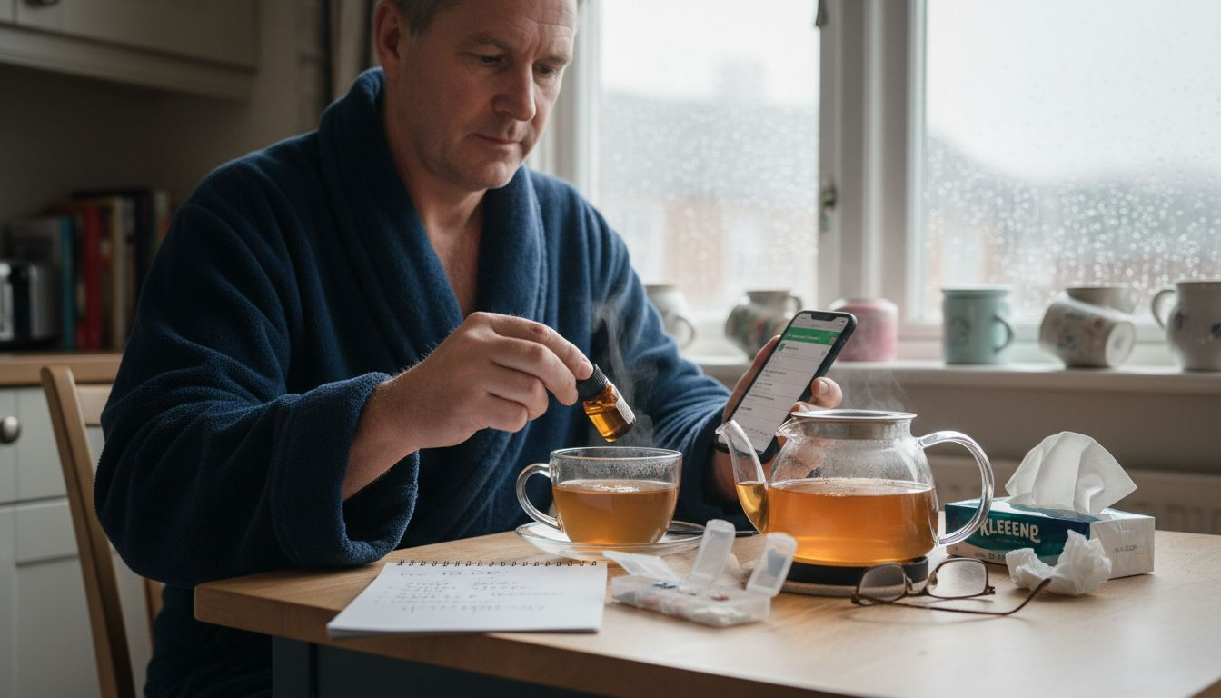 Man adding CBD drops to tea at breakfast table