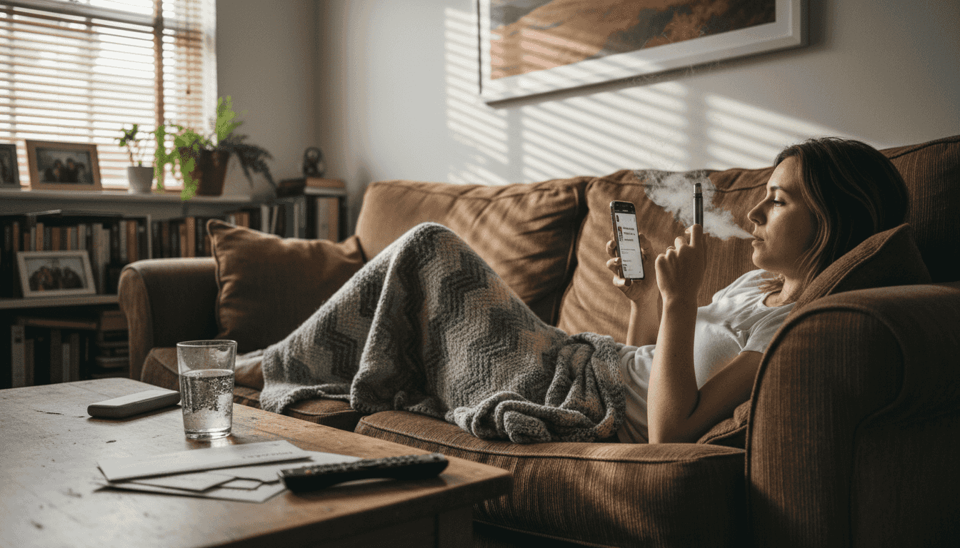 Woman using CBD vape pen on sofa