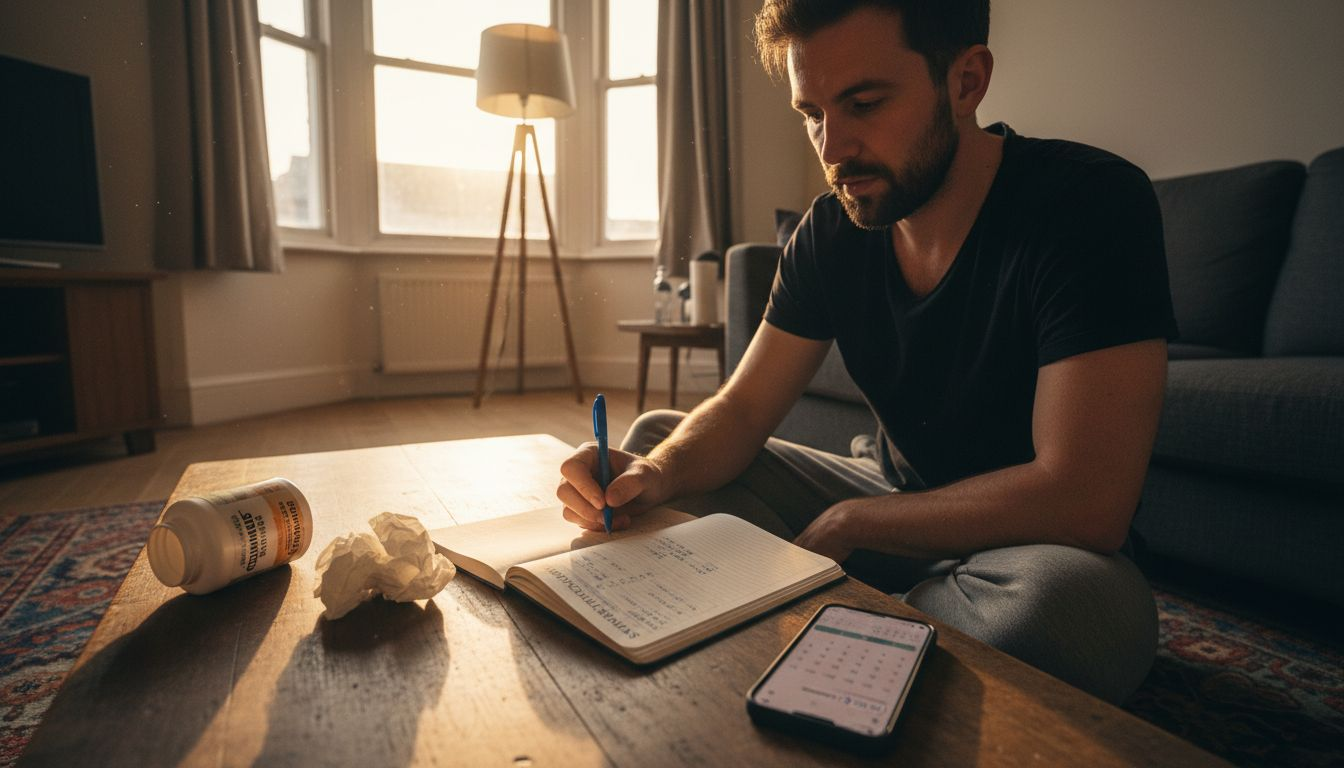 Man writing CBD gummies symptom log