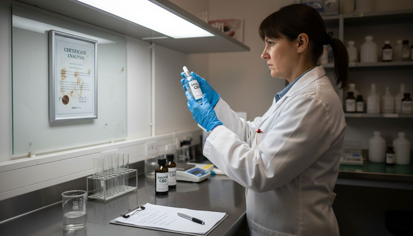 Technician verifying lab-tested CBD bottles