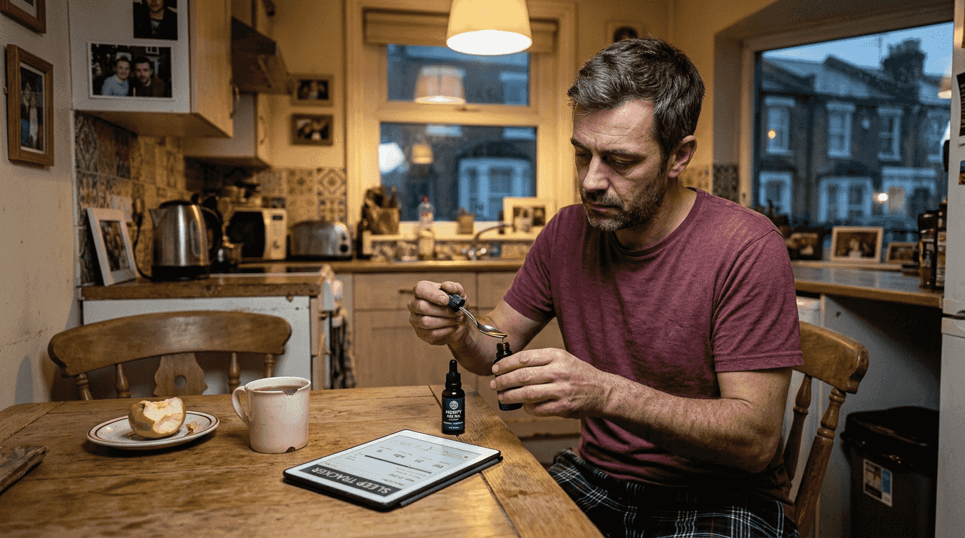 Man measuring CBD dose at kitchen table