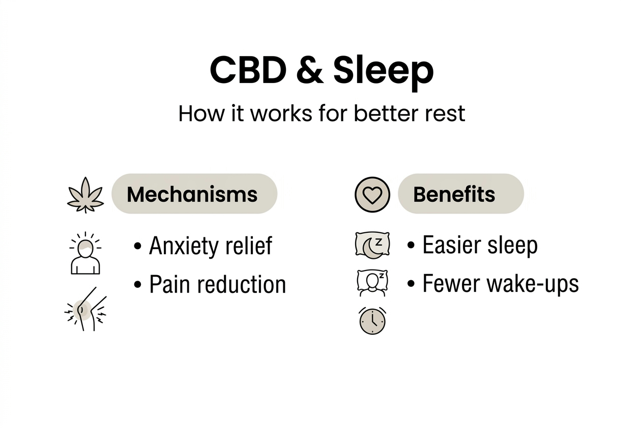 Infographic with CBD sleep mechanisms and benefits