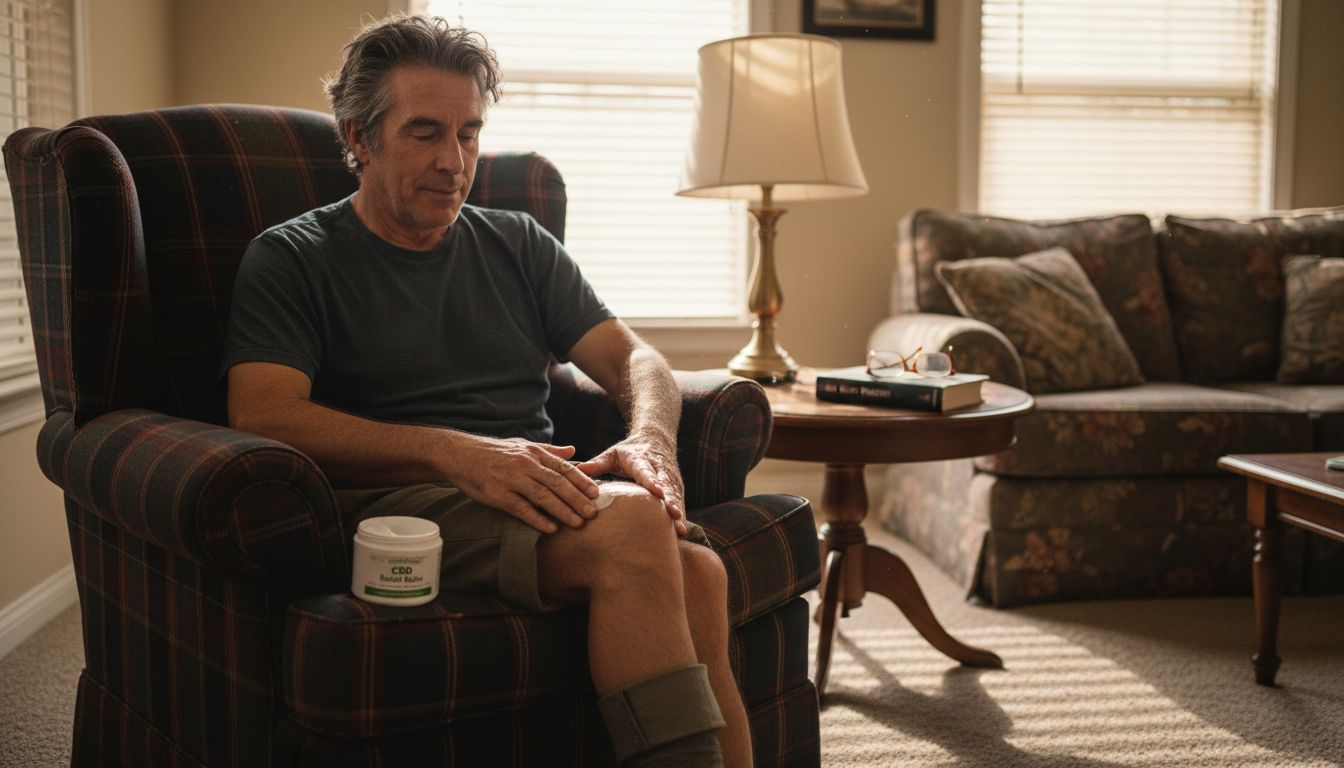 Man applying CBD cream to sore knee at home