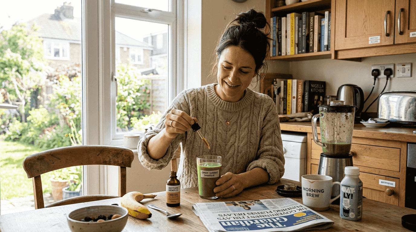 Woman adds CBD oil to morning smoothie