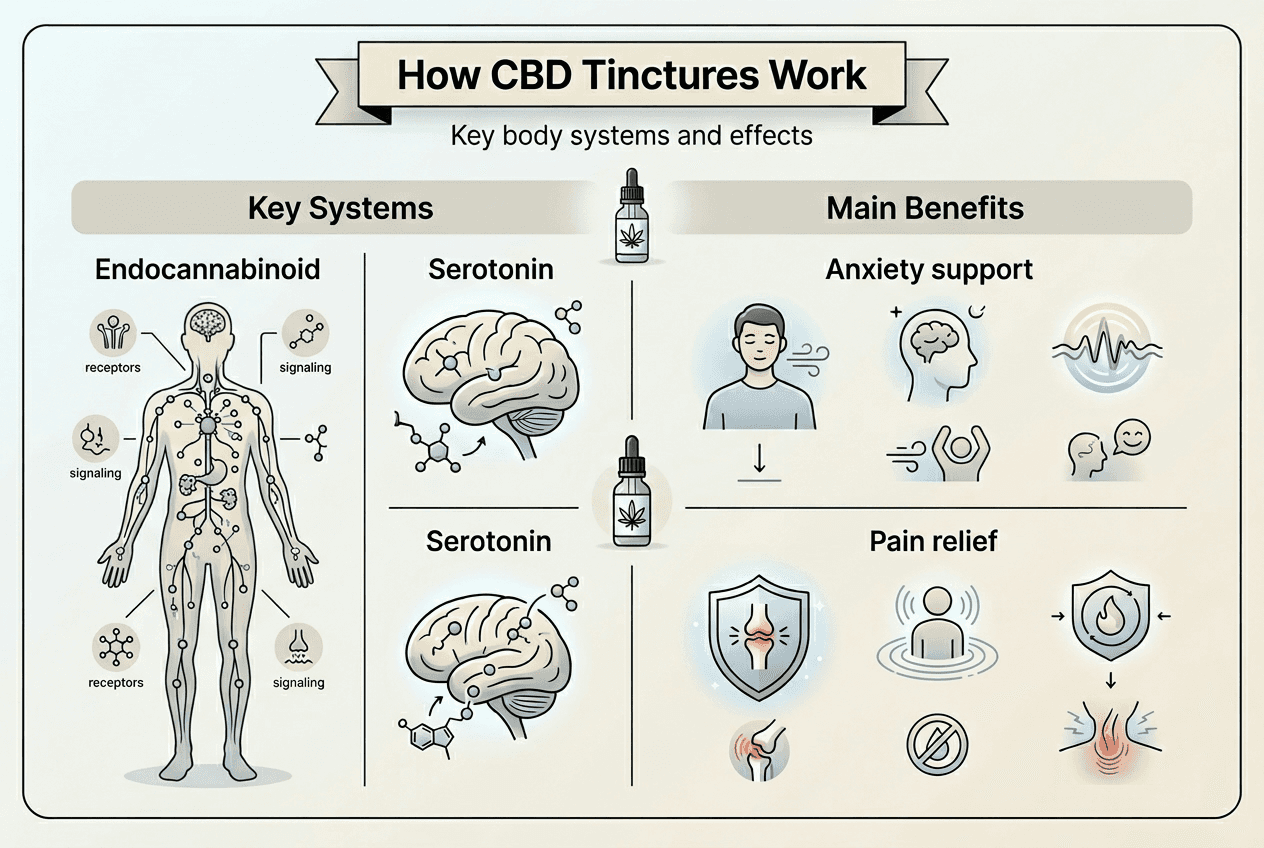 Infographic of CBD tincture mechanisms and benefits