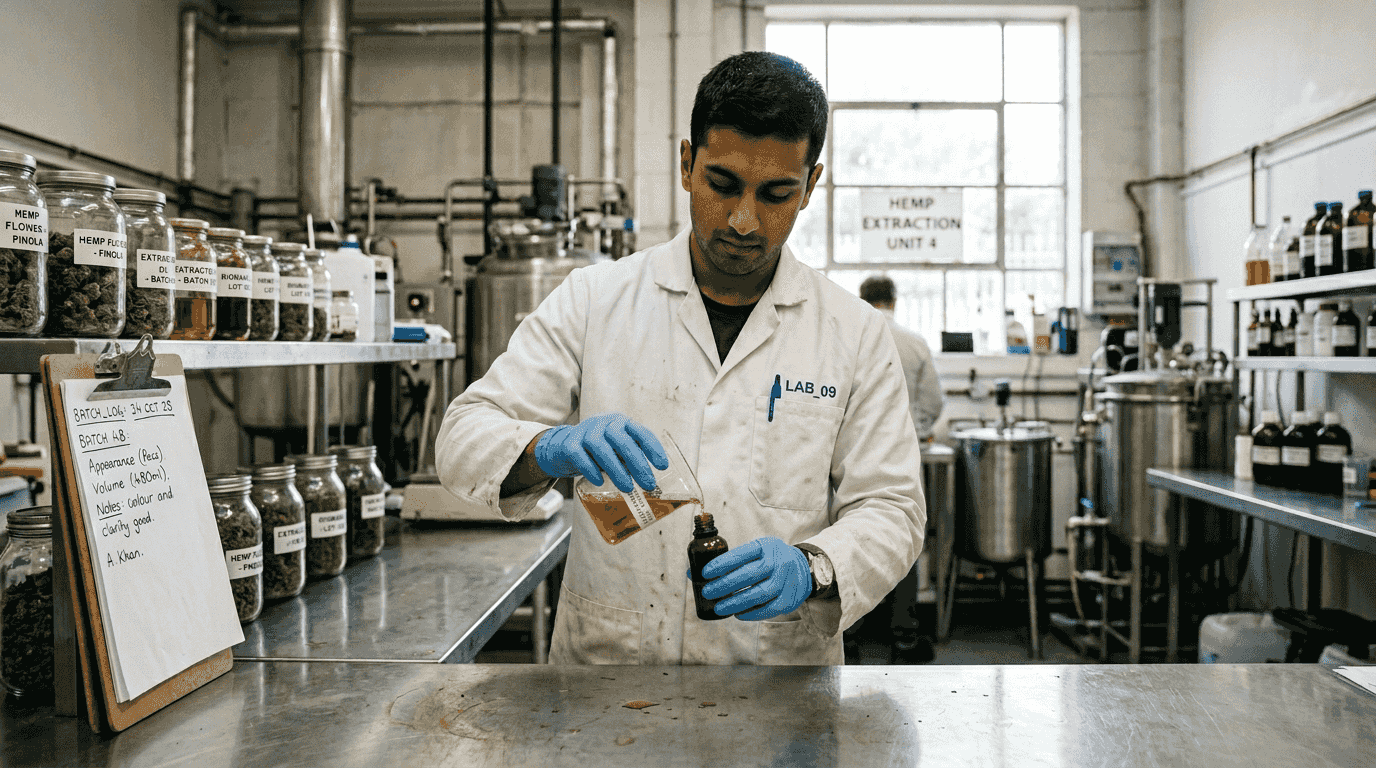 Lab technician pouring CBD oil in facility