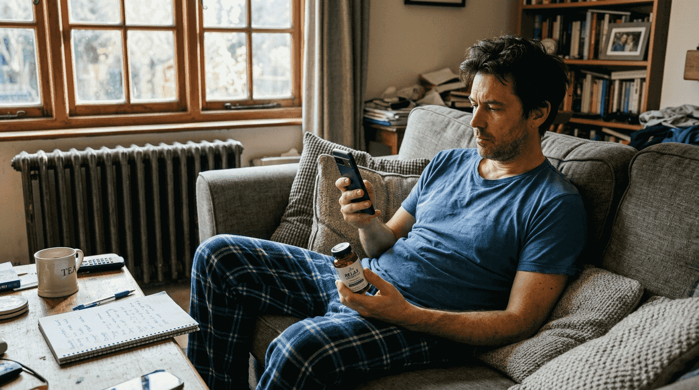 Man checking CBD dose for anxiety sleep