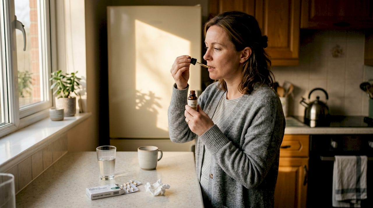 Woman taking CBD oil at kitchen counter