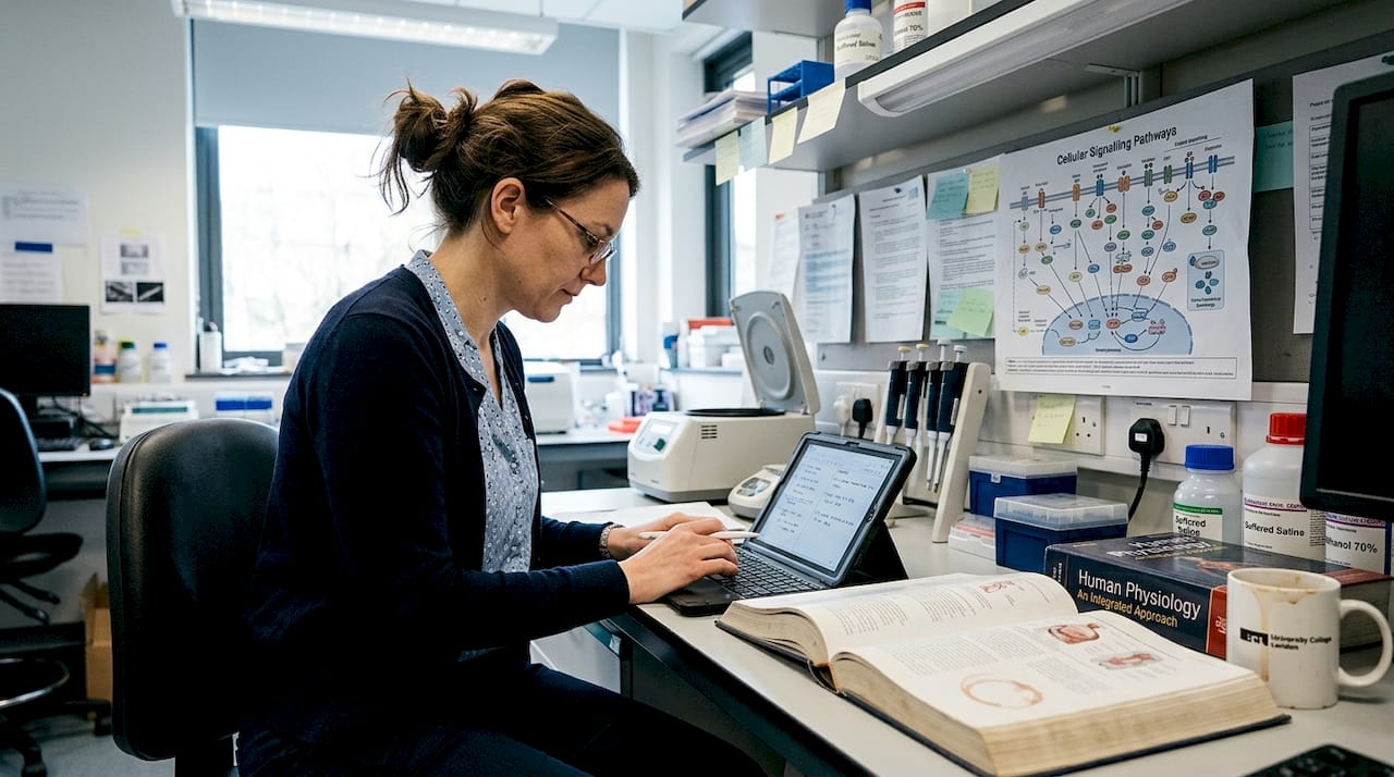 Scientist taking notes at lab bench about CBD effects