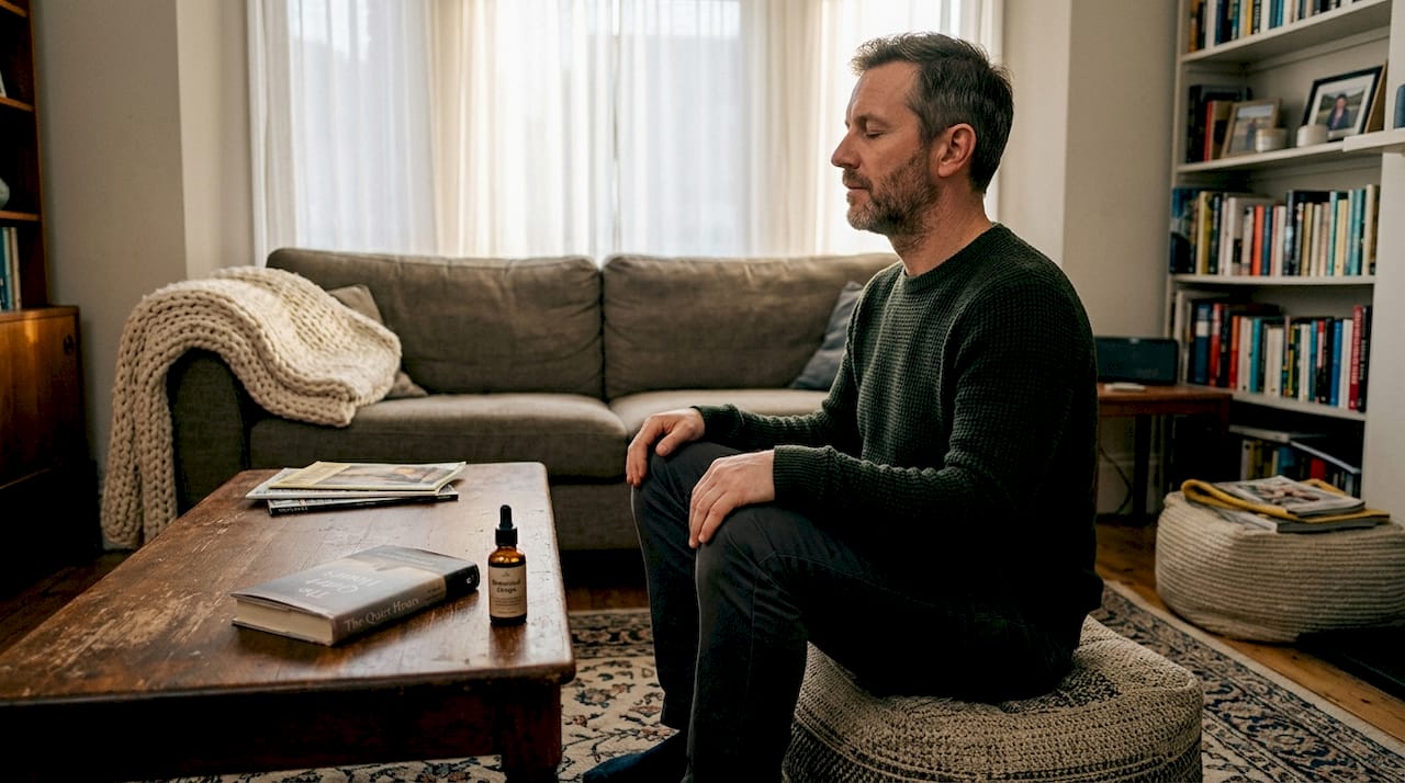 Man meditating near CBD tincture in living room