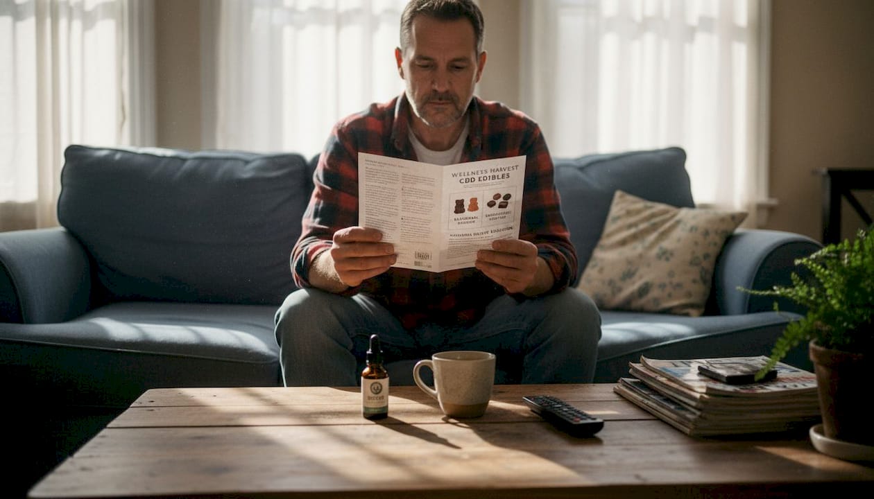Man reading CBD edibles leaflet in living room