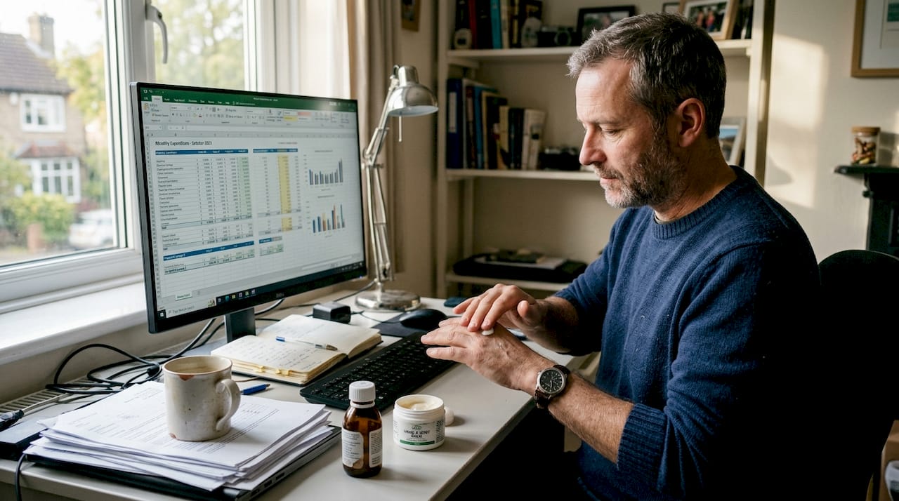 Man using CBD cream at home office desk