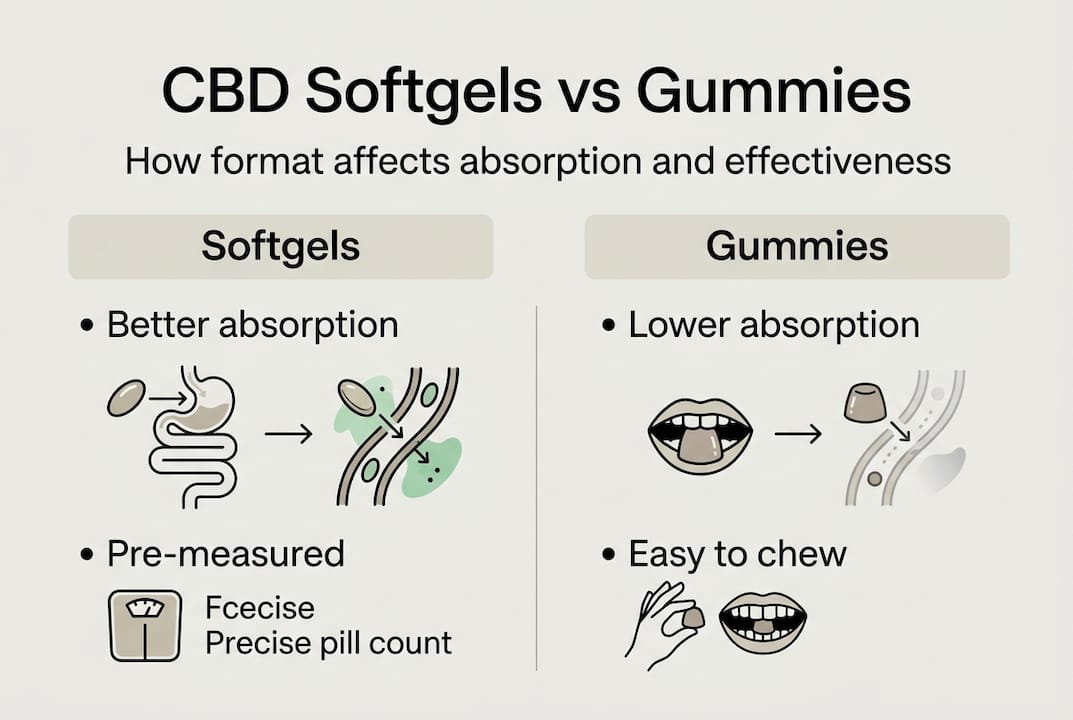 Infographic comparing CBD softgels and gummies