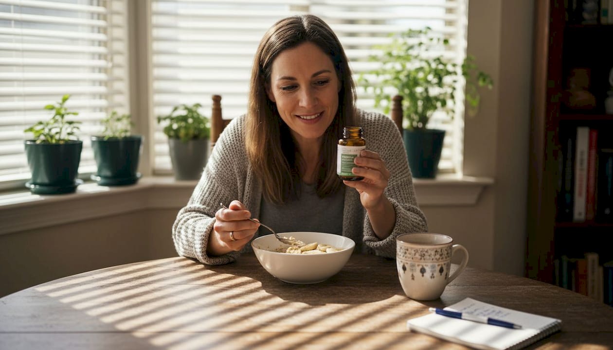 Woman reading CBD softgel bottle at breakfast
