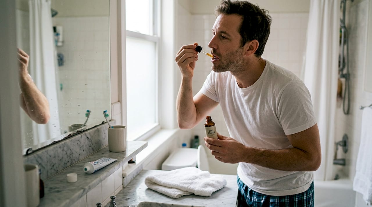 Man taking CBD drops in everyday bathroom setting