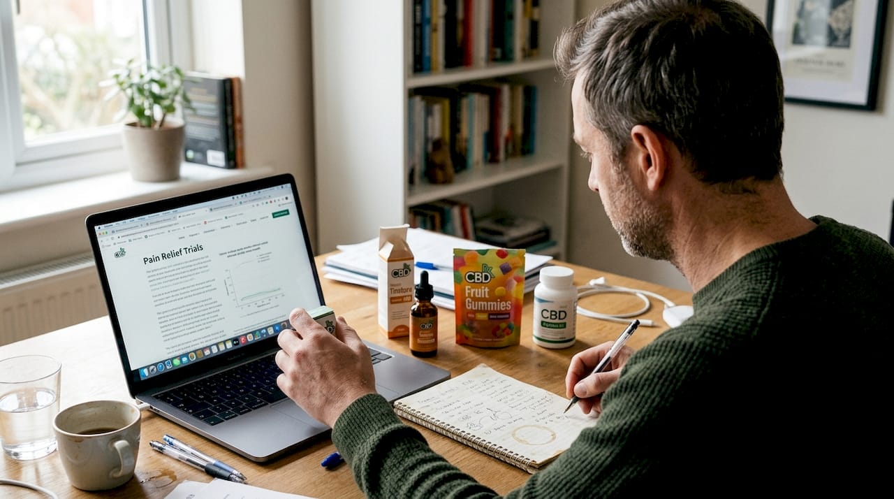 Man compares CBD products at desk