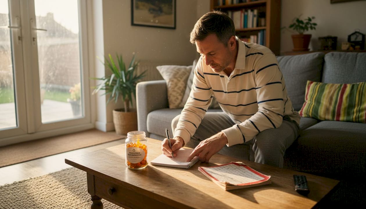 Man logging CBD gummy dosage at home