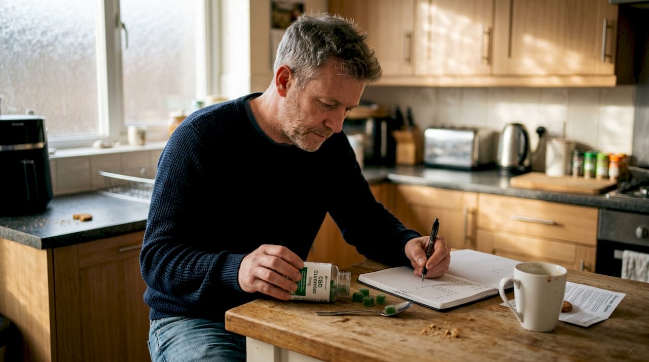 Man counting CBD gummies for dosing