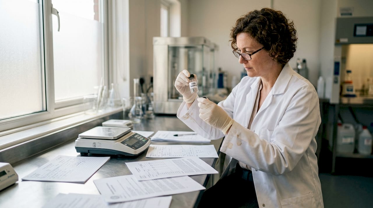 Lab manager inspecting CBD product for compliance