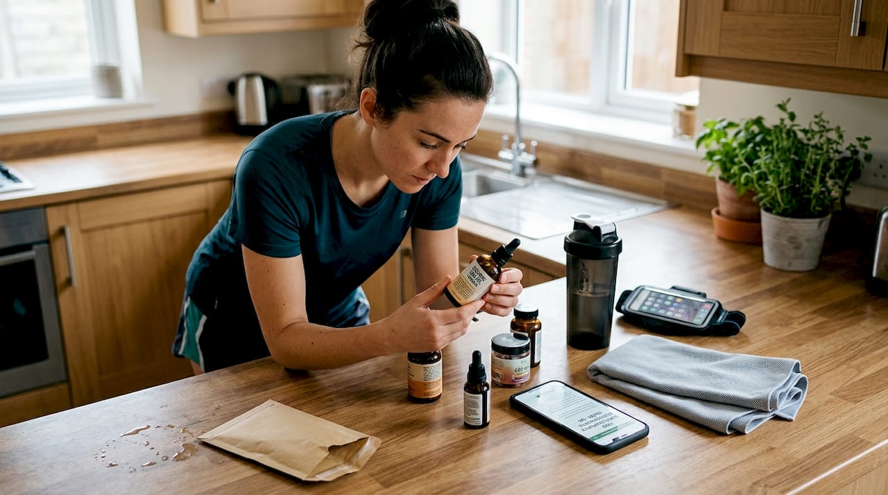 Athlete checking CBD product label in kitchen