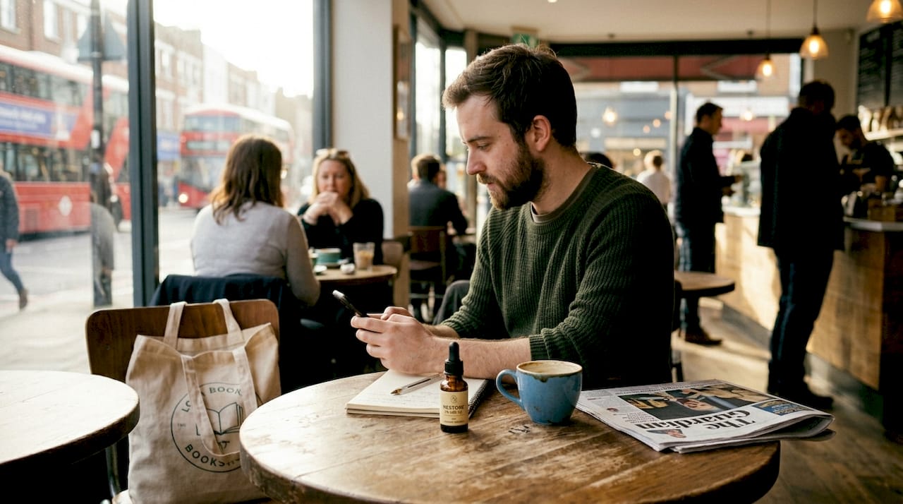 Man reading about CBD oil for anxiety