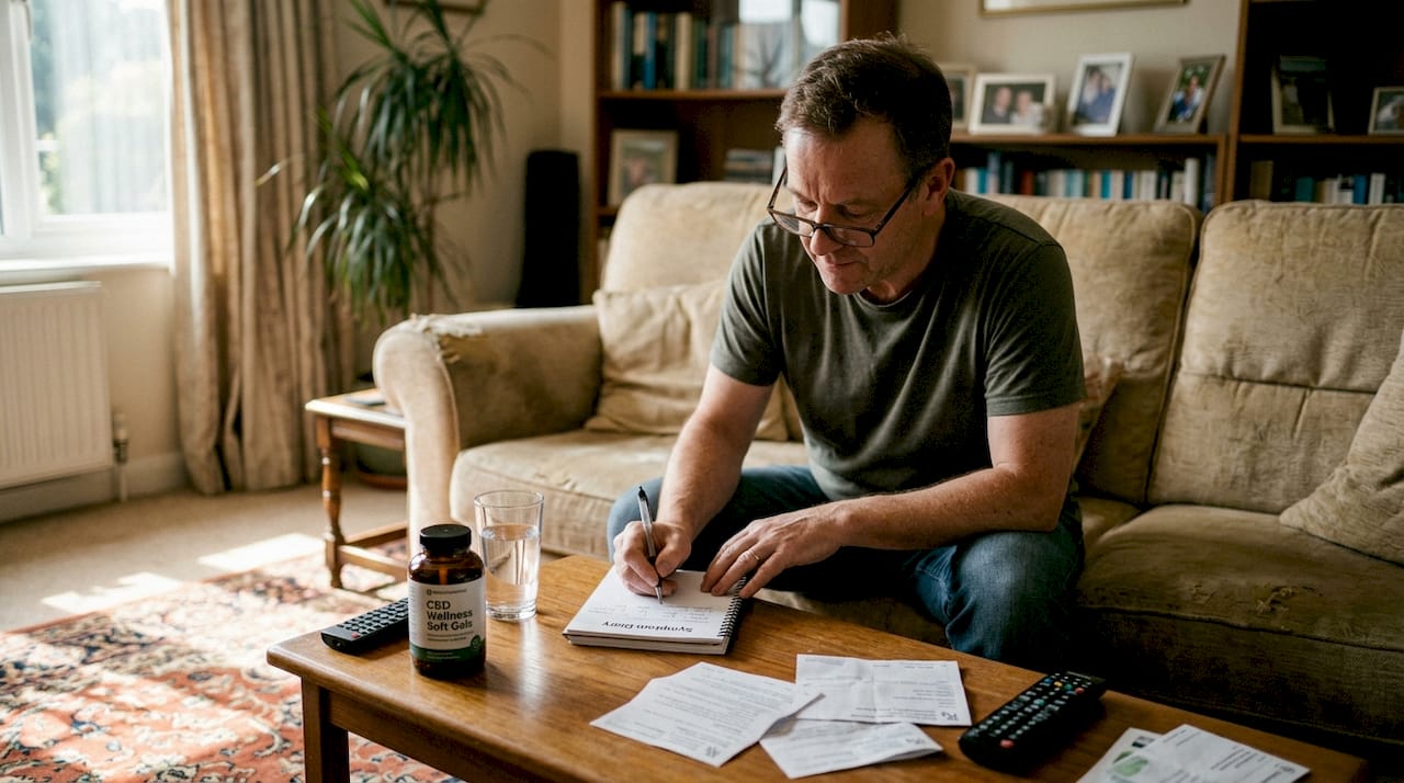 Man recording pain diary with CBD soft gels