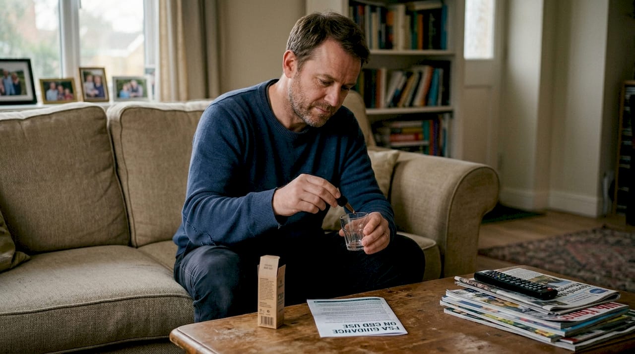 Man measuring safe CBD dose at home
