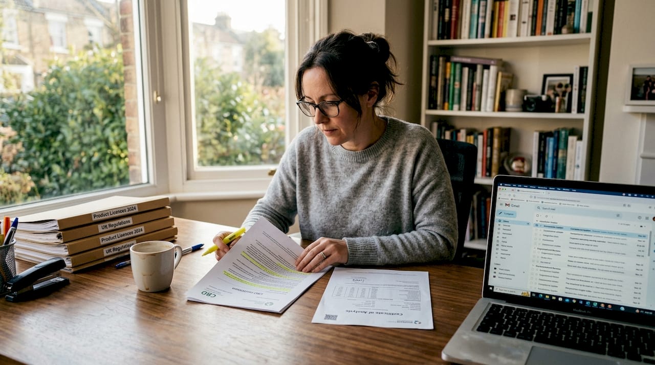Manager reviewing CBD certification documents