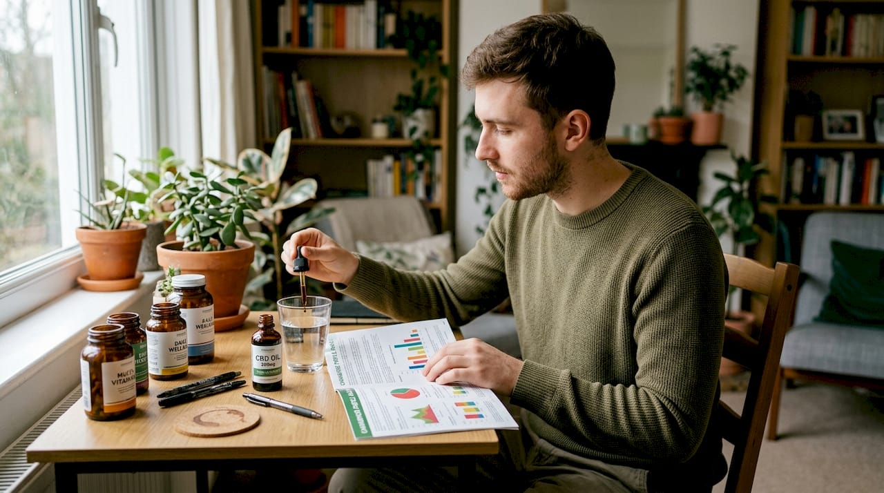 Man mixing CBD oil at living room desk