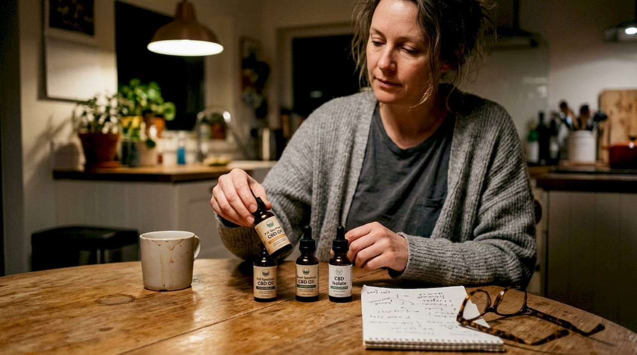 Woman comparing three CBD oil bottles
