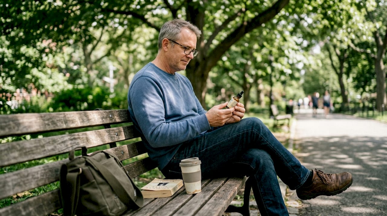 Man reading CBD oil label in park
