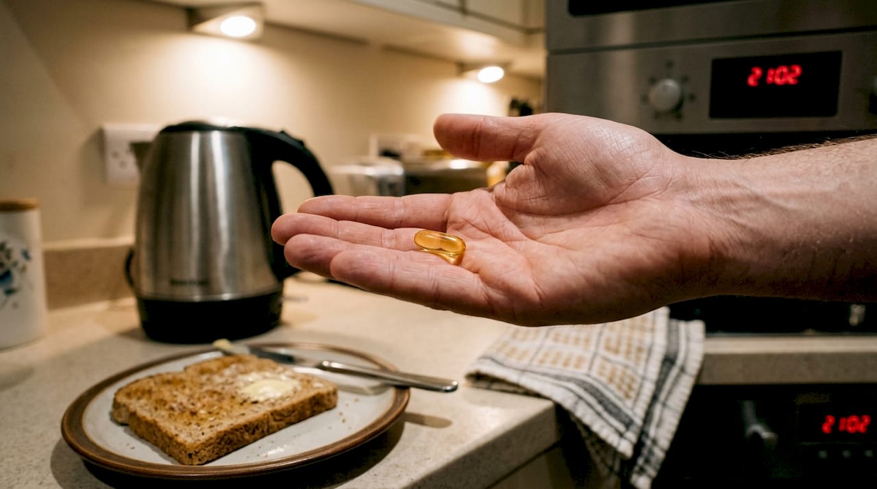 Hand holding CBD soft gel in kitchen
