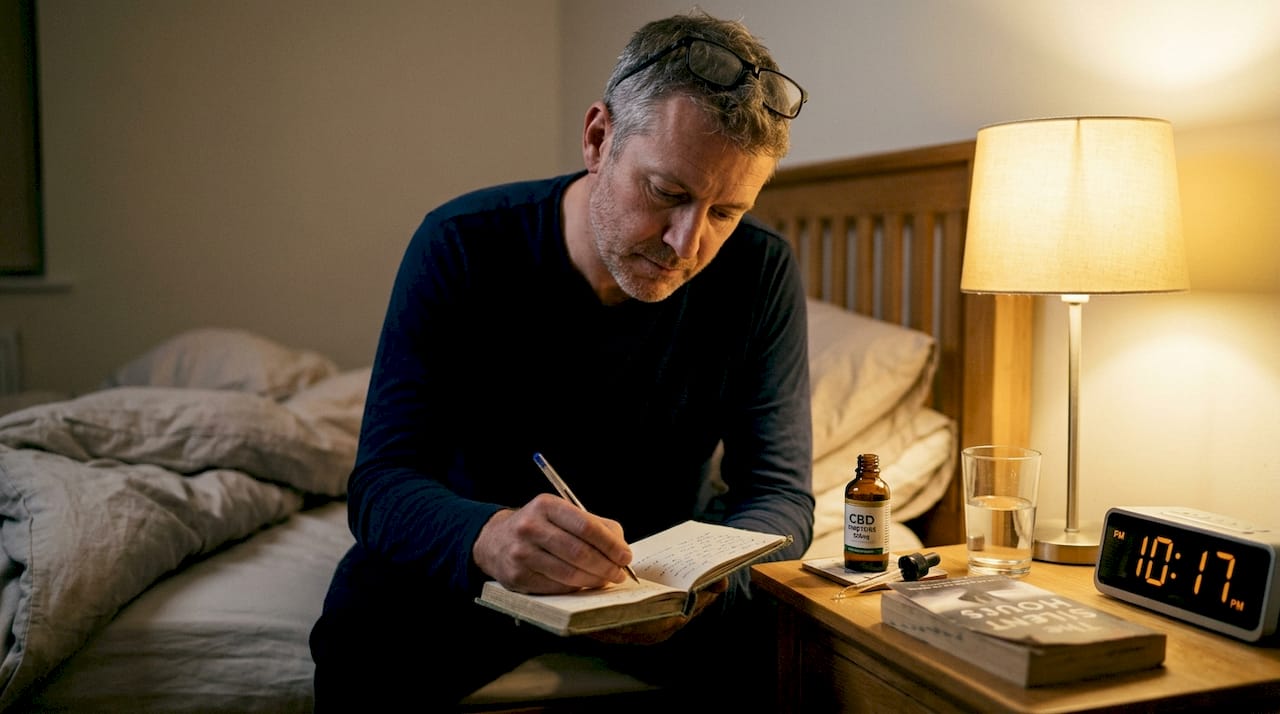 Man journaling CBD use before bed
