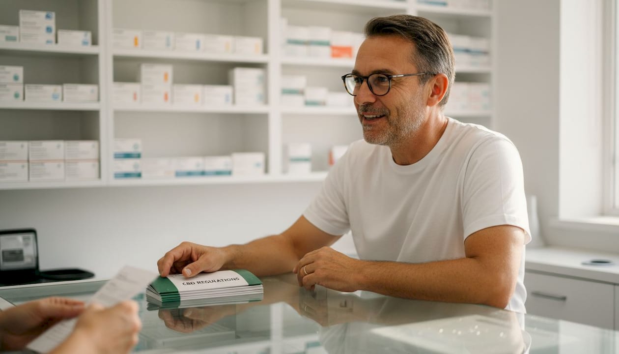Pharmacist explaining CBD regulations at counter