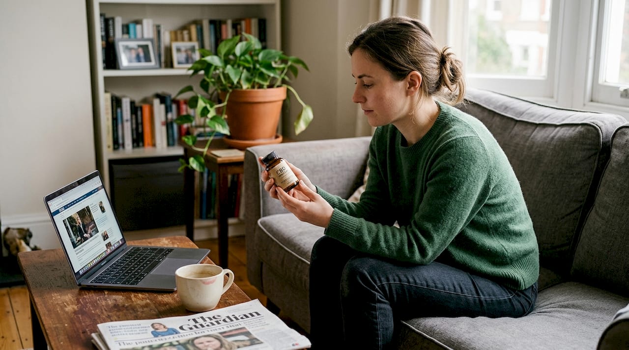 Woman reading CBD capsule label at home