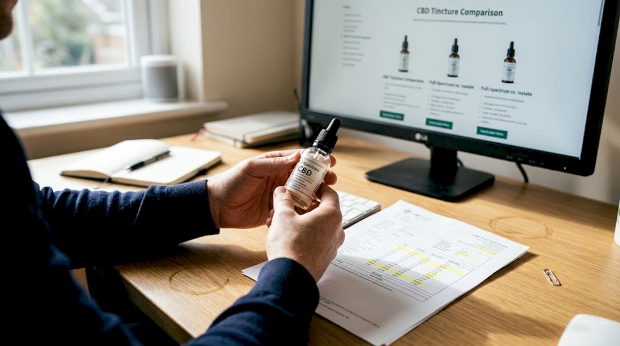 Hands examine full-spectrum CBD tincture and lab printout