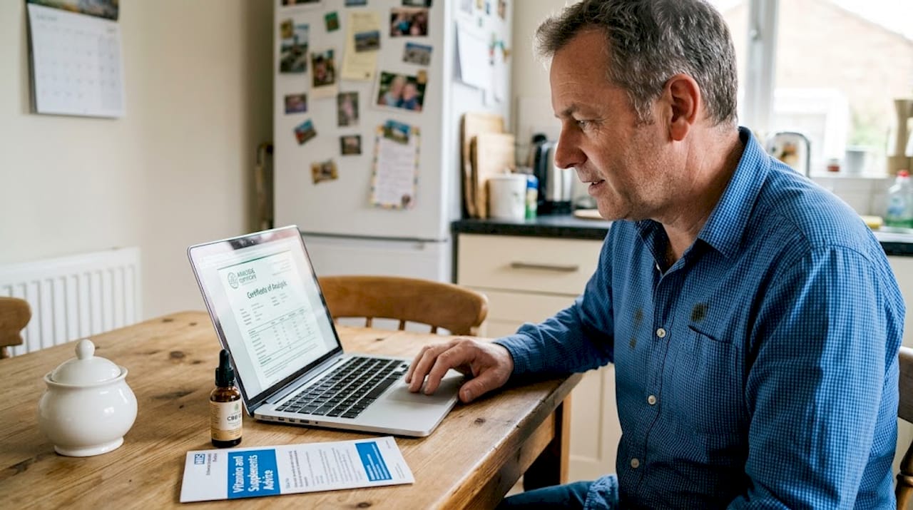 Man checking CBD product certificate of analysis