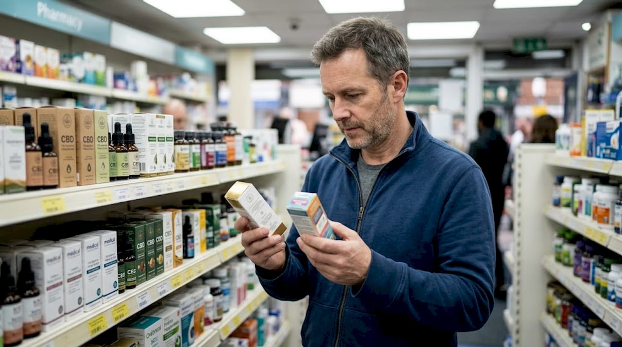 Man comparing CBD products in pharmacy aisle