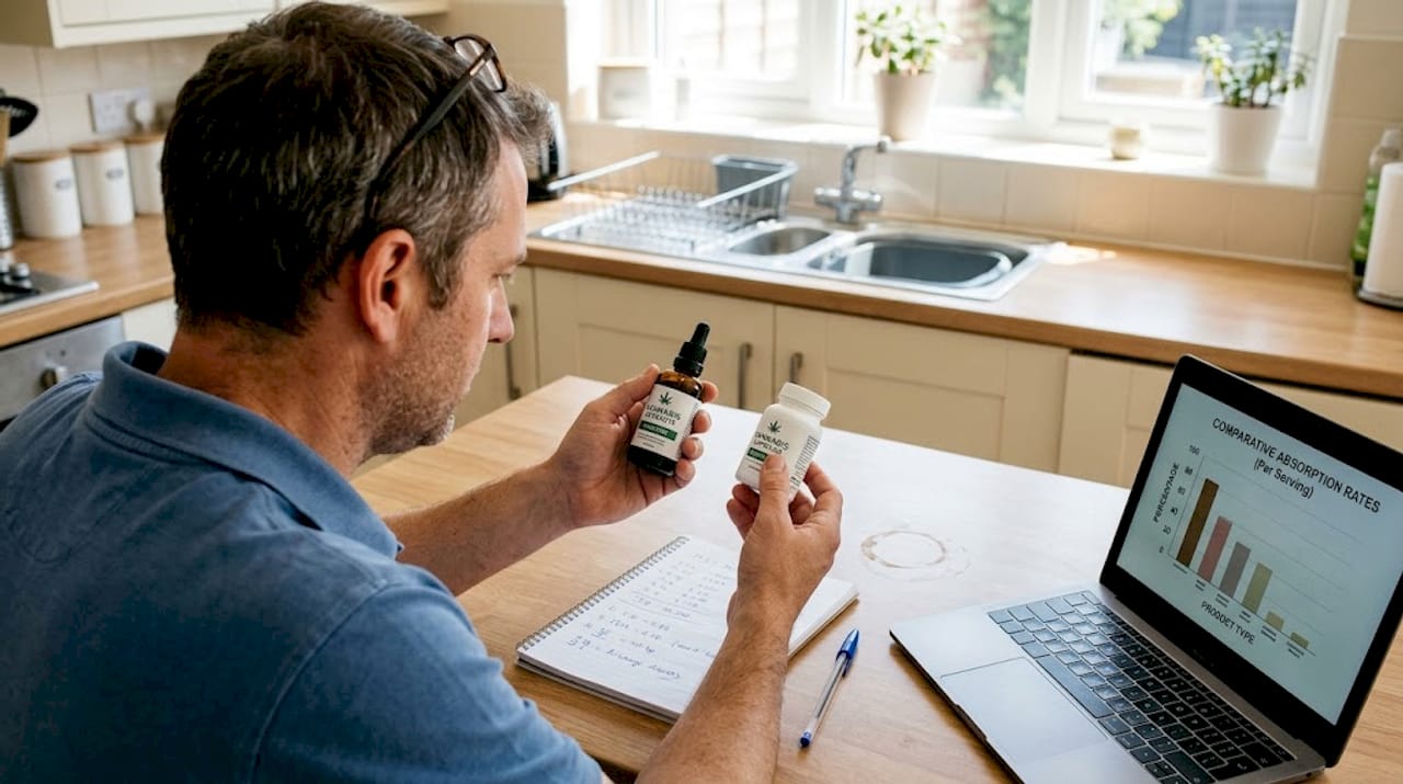 Man comparing CBD capsules and tincture at home counter