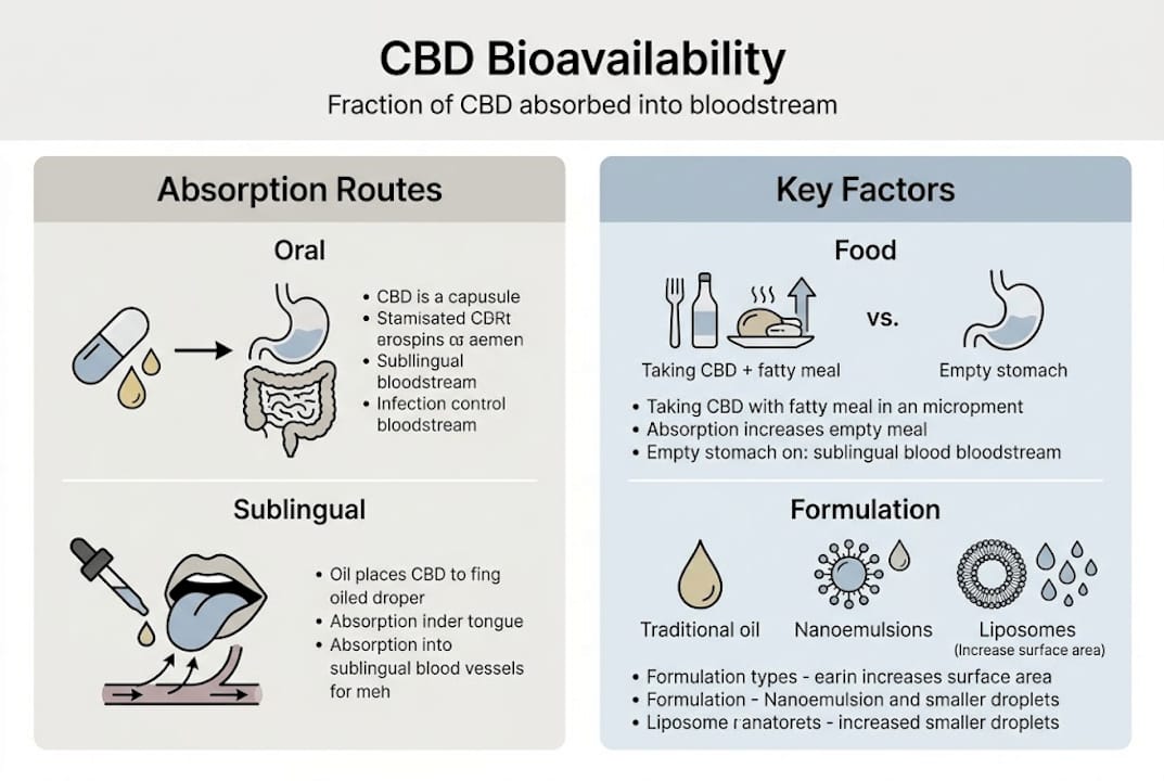 Infographic showing CBD absorption routes and main factors