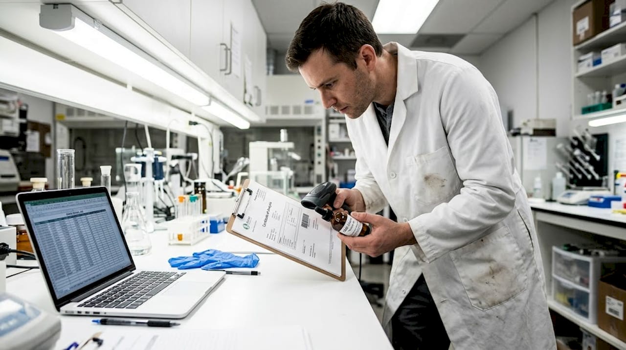 Lab technician verifies CBD batch certificate