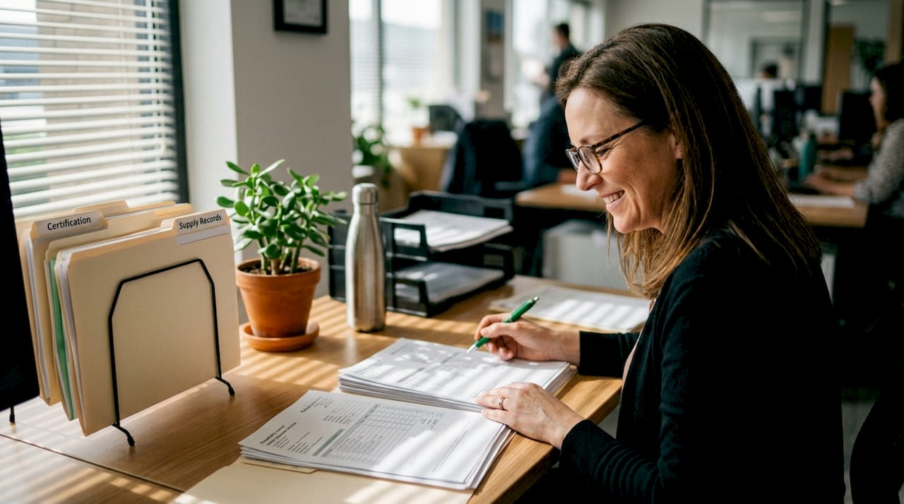 Manager reviewing organic hemp certification records