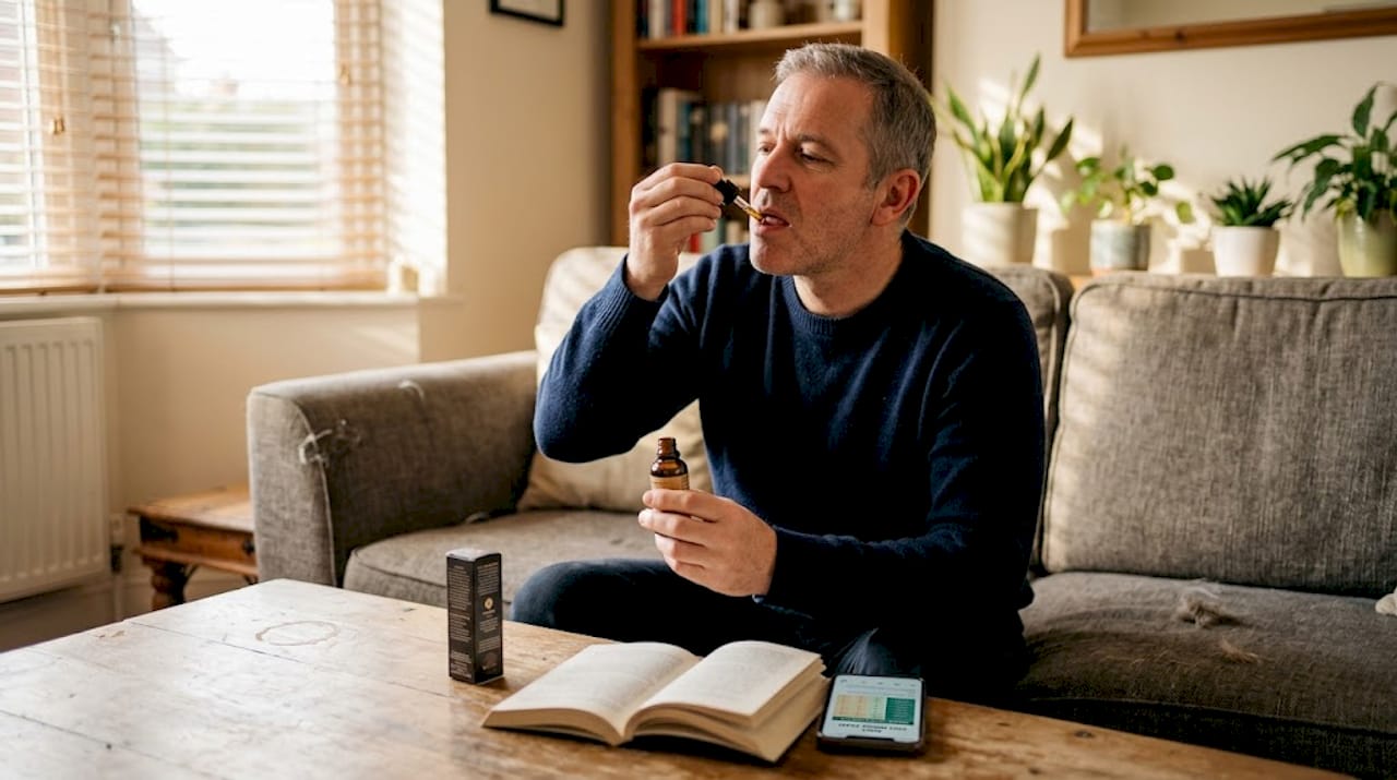 Man using CBD tincture at home
